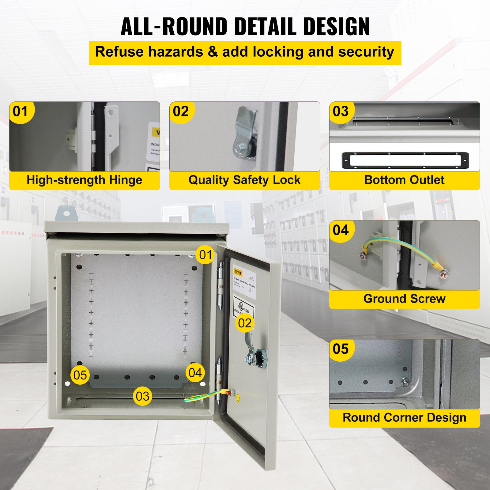 VEVOR Electrical Enclosure, 12x12x8in, Tested to UL Standards NEMA 4 Outdoor Enclosure, IP65 Waterproof & Dustproof Cold-Rolled Carbon Steel Hinged Junction Box for Outdoor Indoor Use, with Rain Hood