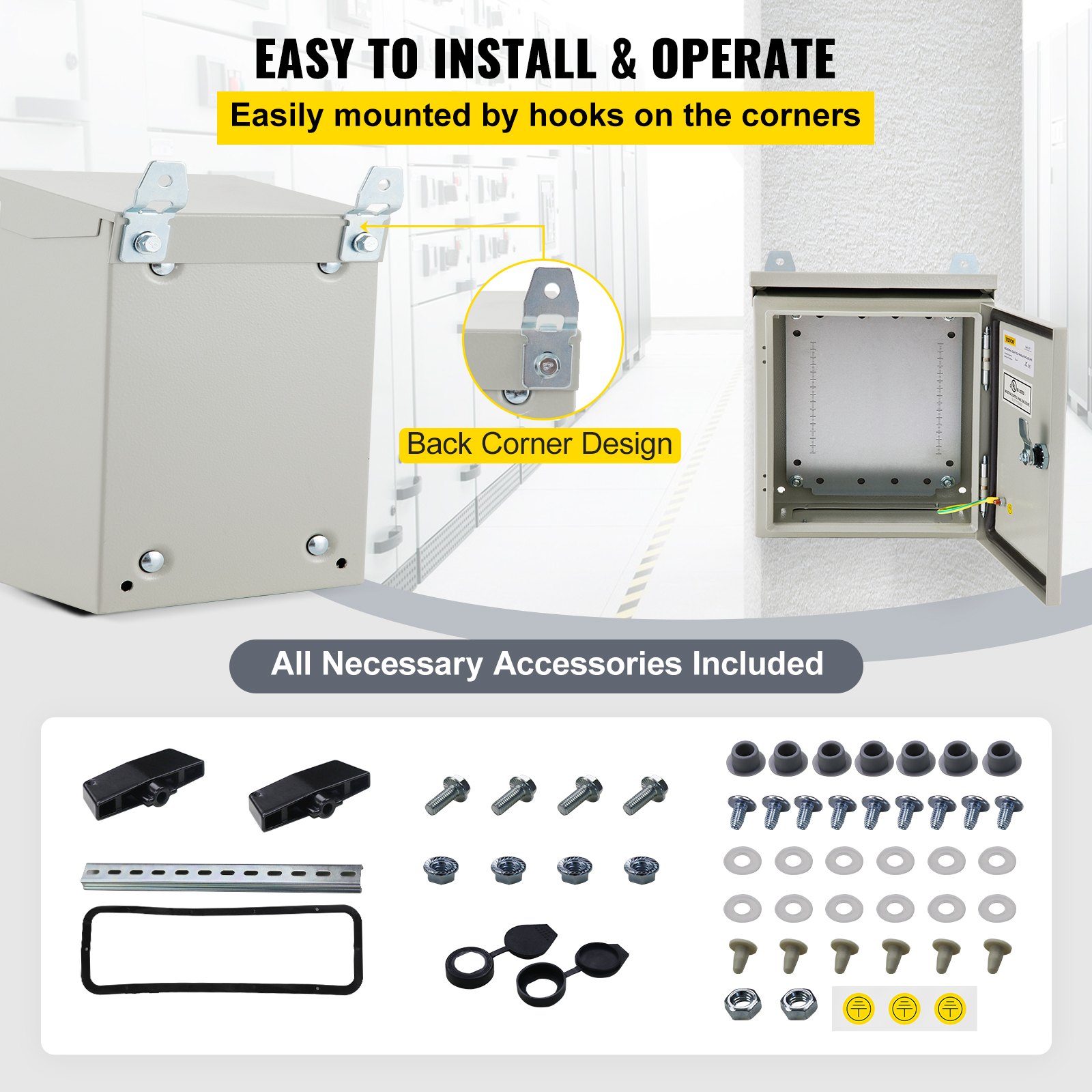 VEVOR Electrical Enclosure, 12x12x8in, Tested to UL Standards NEMA 4 Outdoor Enclosure, IP65 Waterproof & Dustproof Cold-Rolled Carbon Steel Hinged Junction Box for Outdoor Indoor Use, with Rain Hood
