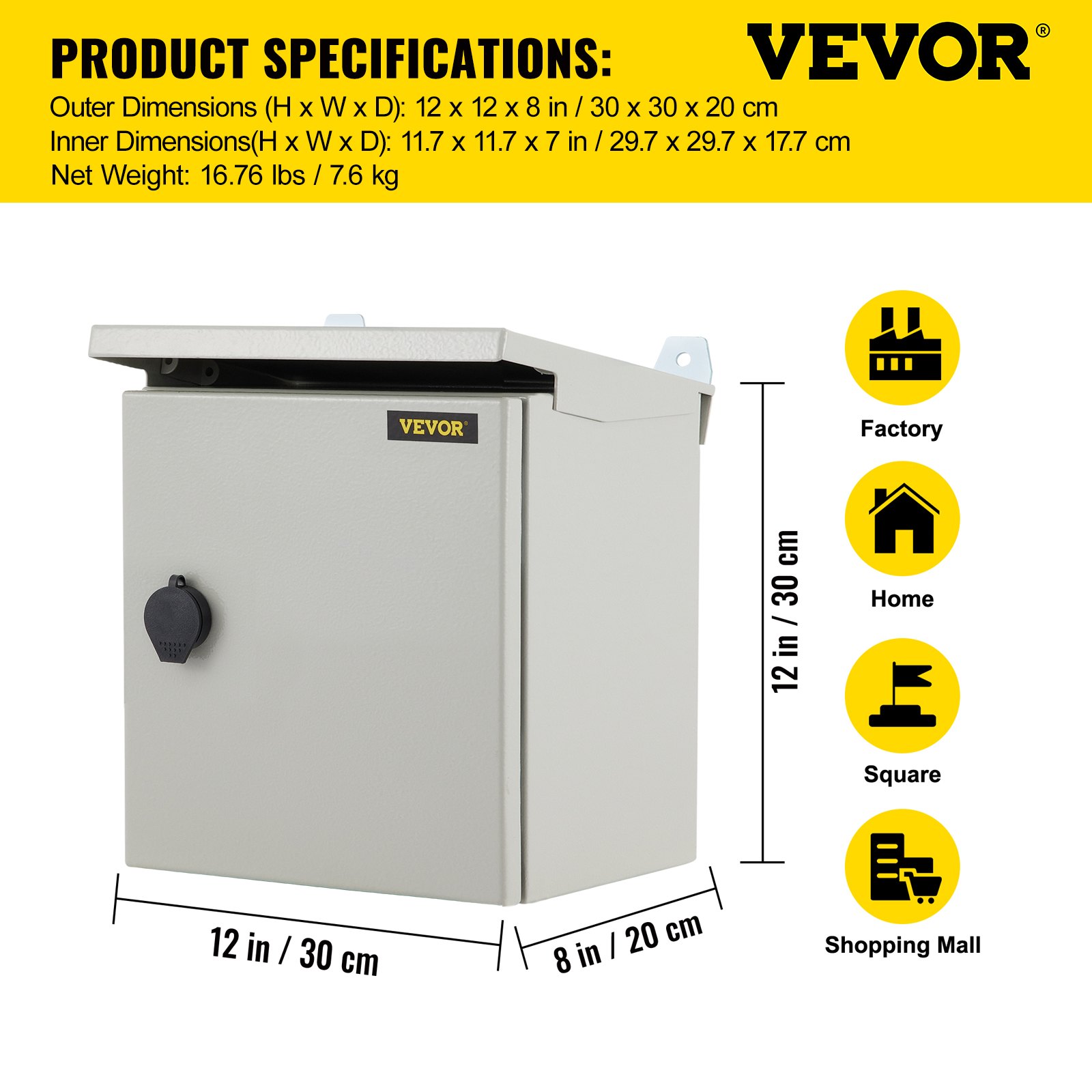 VEVOR Electrical Enclosure, 12x12x8in, Tested to UL Standards NEMA 4 Outdoor Enclosure, IP65 Waterproof & Dustproof Cold-Rolled Carbon Steel Hinged Junction Box for Outdoor Indoor Use, with Rain Hood
