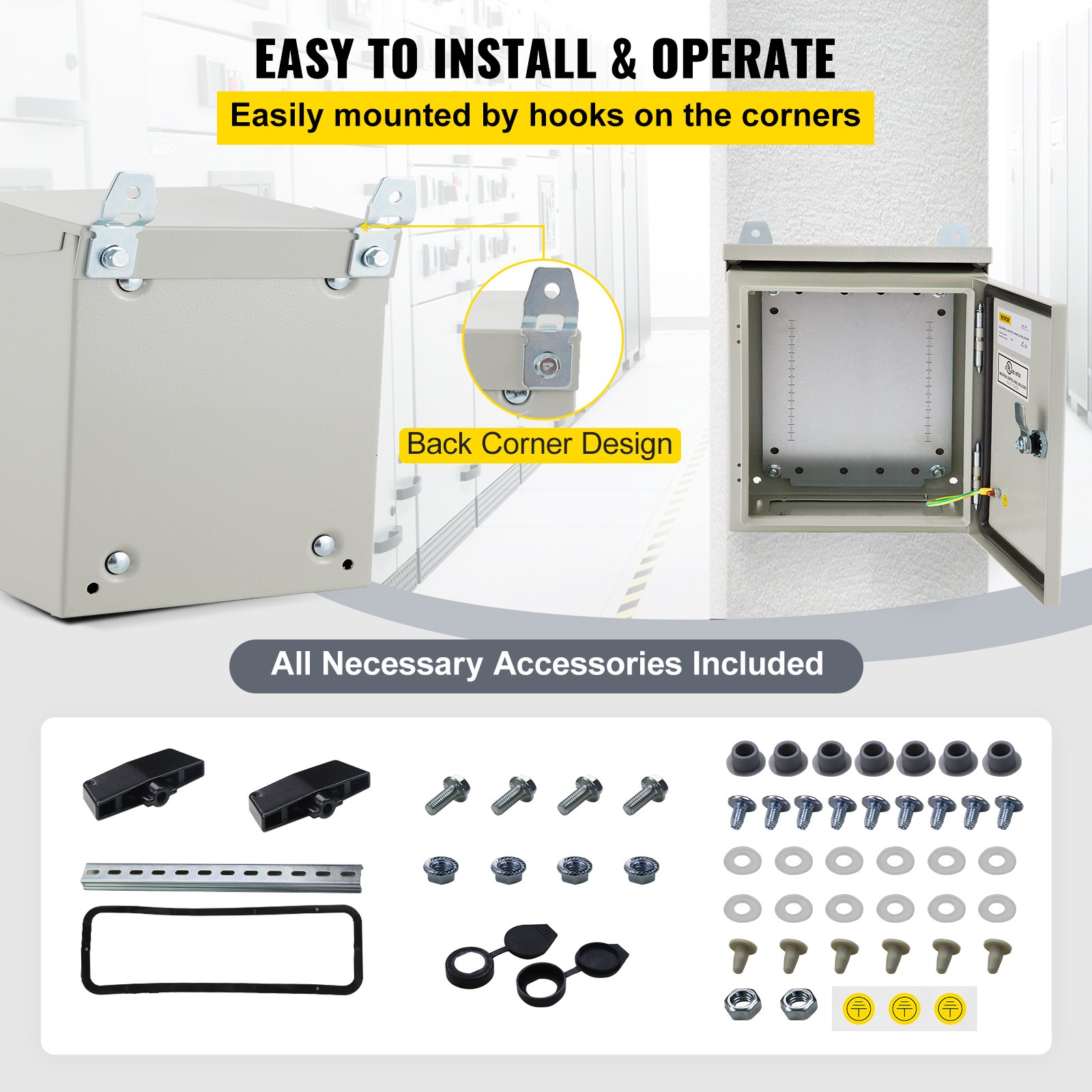 VEVOR Electrical Enclosure, 16x16x6in, Tested to UL Standards NEMA 4 Outdoor Enclosure, IP65 Waterproof & Dustproof Cold-Rolled Carbon Steel Hinged Junction Box for Outdoor Indoor Use, with Rain Hood