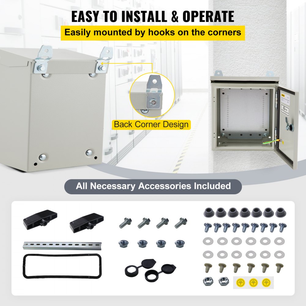 VEVOR Electrical Enclosure, 16"x16"x8", Tested to UL Standards NEMA 4 Outdoor Enclosure, IP65 Waterproof & Dustproof Cold-Rolled Carbon Steel Hinged Junction Box for Outdoor Indoor Use, with Rain H