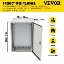 VEVOR Electrical Enclosure, 20x12x10in, Tested to UL Standards NEMA 4 Outdoor Enclosure, IP65 Waterproof & Dustproof Cold-Rolled Carbon Steel Hinged Junction Box for Outdoor Indoor Use, with Rain Hood