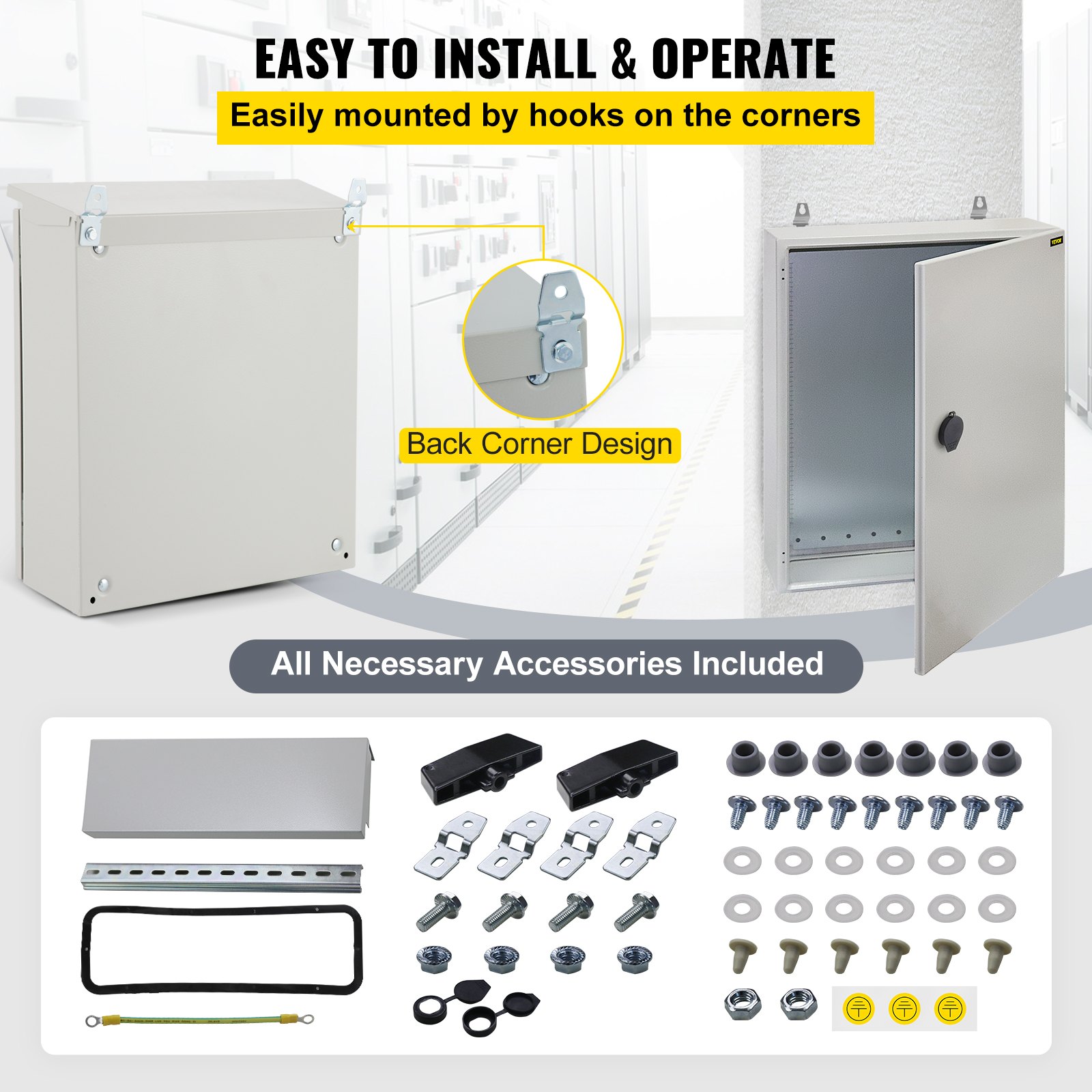 VEVOR Electrical Enclosure, 20x16x8in, Tested to UL Standards NEMA 4 Outdoor Enclosure, IP65 Waterproof & Dustproof Cold-Rolled Carbon Steel Hinged Junction Box for Outdoor Indoor Use, with Rain Hood