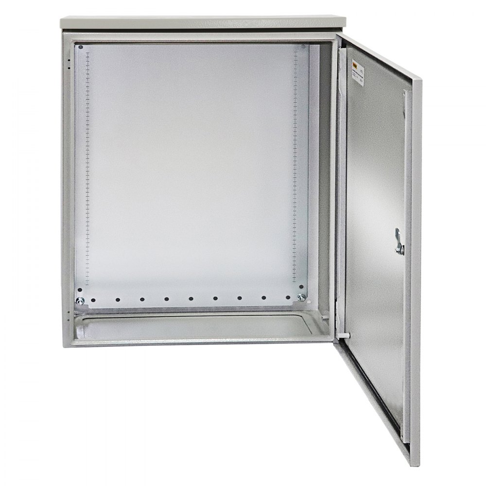 open stainless steel VEVOR electrical enclosure with lockable door, ventilation holes, and mounting panel.