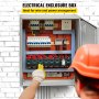 technician working on a VEVOR electrical enclosure with organized wiring against a brick wall.