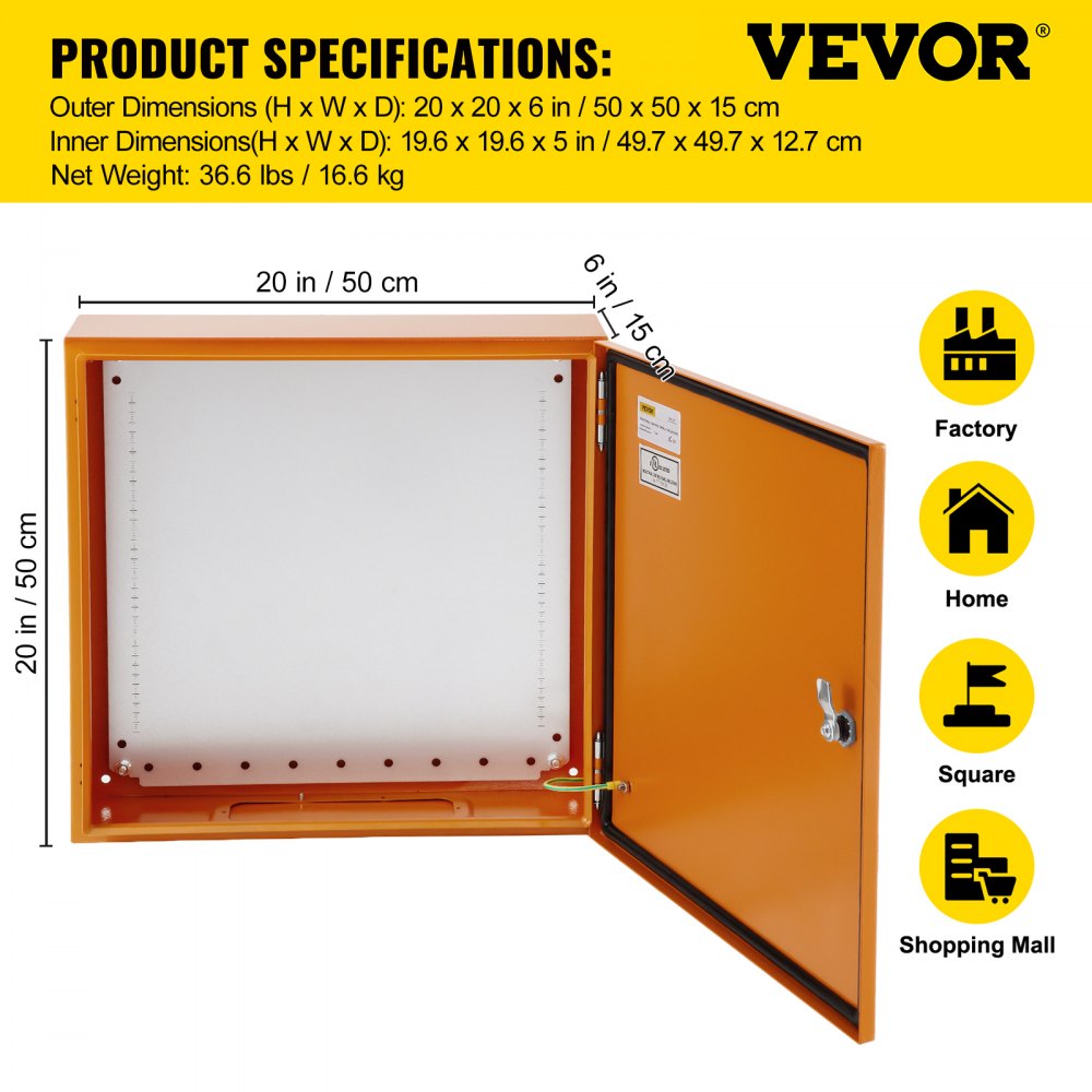 Caja eléctrica VEVOR, 20.0 x 20.0 x 6.0 in, probada según los estándaresNEMA 4 para exteriores, IP65 impermeable y a prueba de polvo, caja de conexiones con bisagras de acero al carbono laminado e