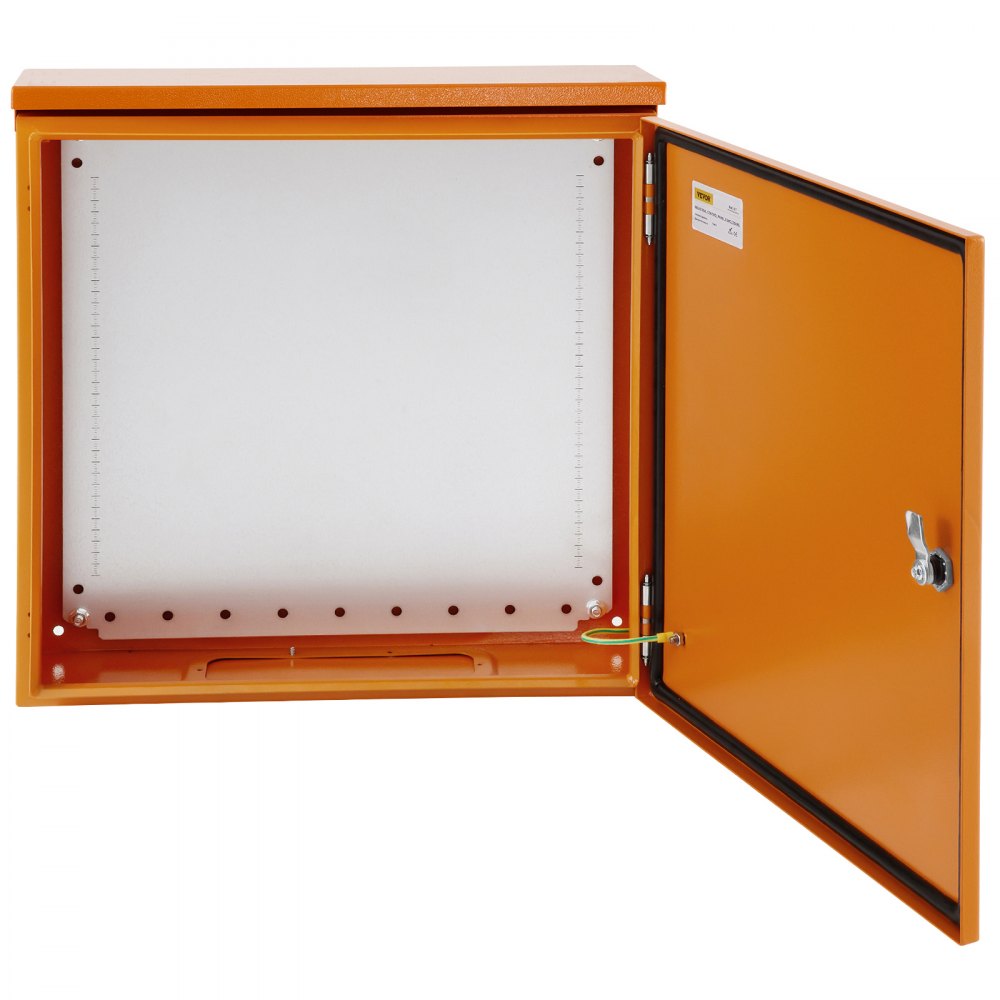 orange VEVOR electrical enclosure with open door, revealing empty interior and secure locking mechanism.