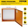 VEVOR electrical enclosure, dimensions 20x20x6 inches, orange with open door, icons for use at home and factory.