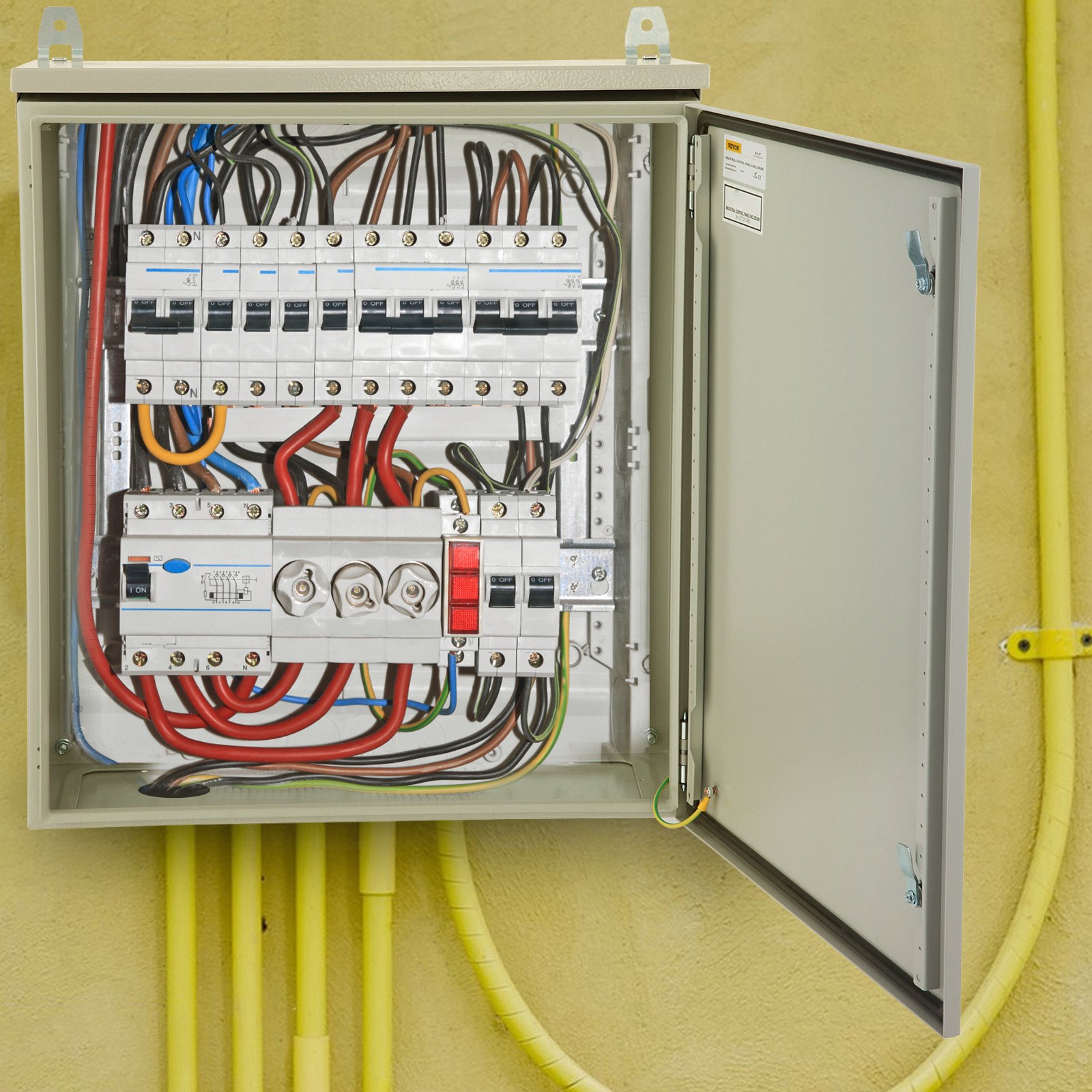 open VEVOR electrical enclosure showing circuit breakers and colorful wiring against a yellow wall.