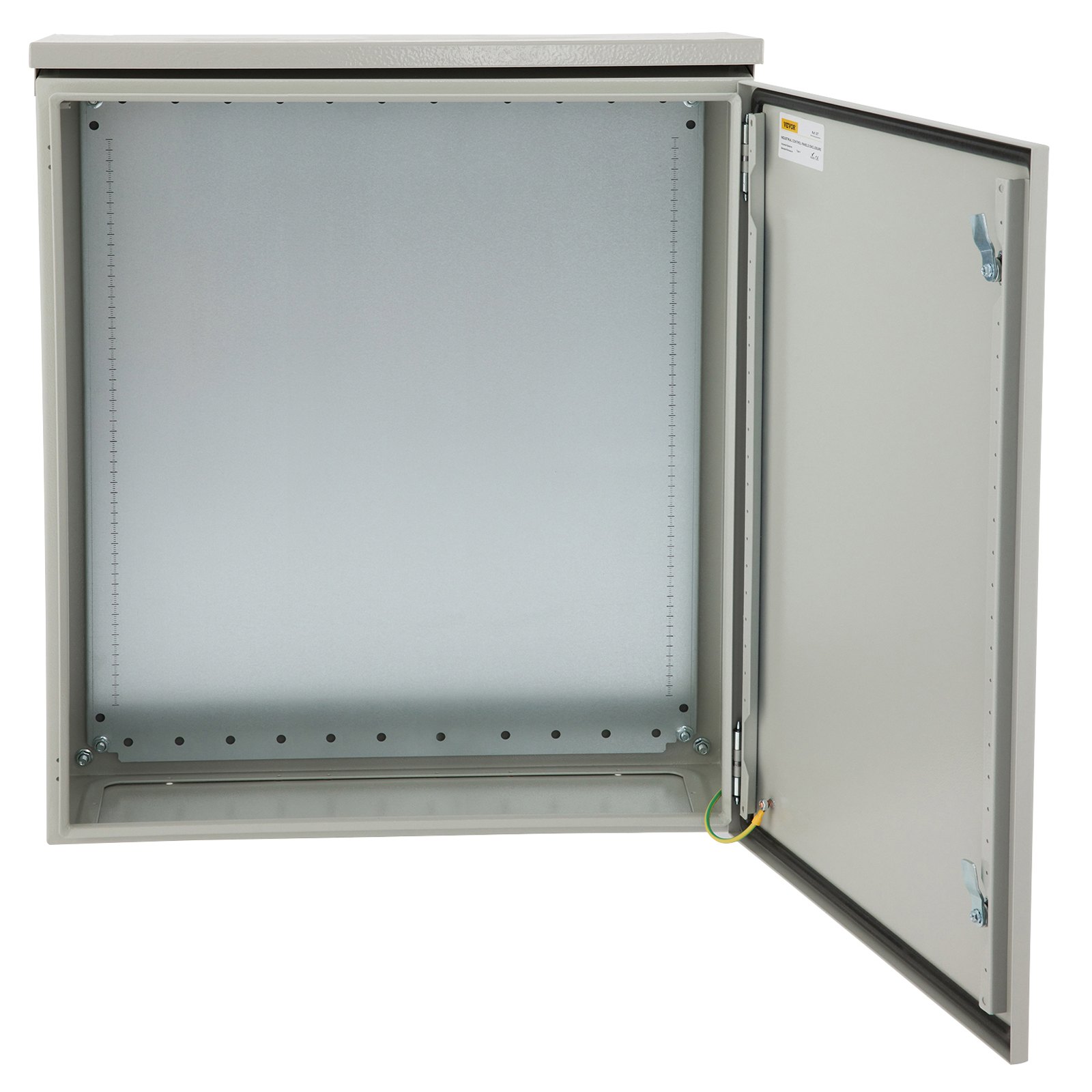 open VEVOR electrical enclosure with empty interior and door ajar showing mounting panel and latches.