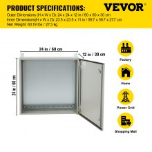 VEVOR Electrical Enclosure, 24x24x12in, Tested to UL Standards NEMA 4 Outdoor Enclosure, IP65 Waterproof & Dustproof Cold-Rolled Carbon Steel Hinged Junction Box for Outdoor Indoor Use, with Rain Hood