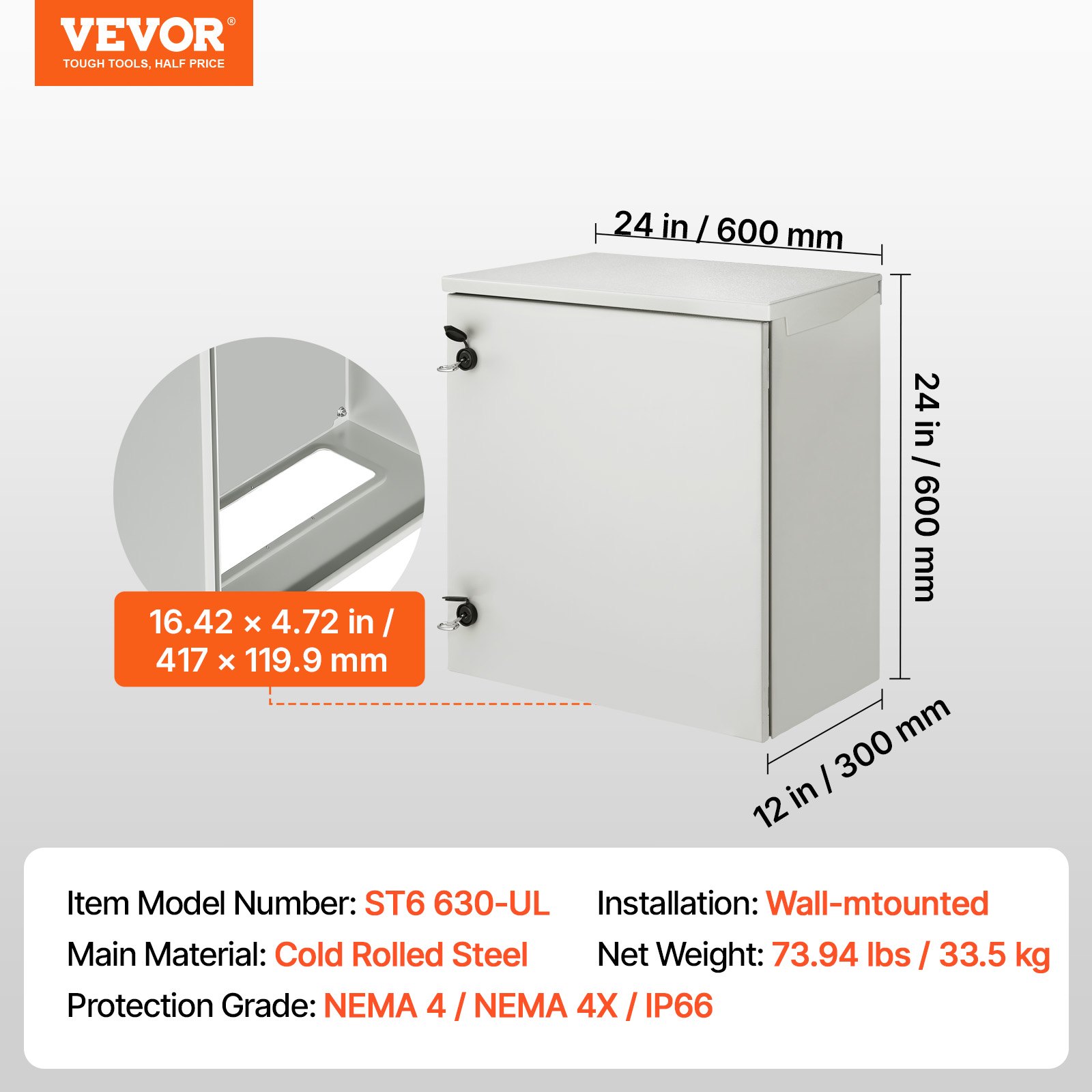 VEVOR Electrical Enclosure, 24\'\' x 24\'\' x 12\'\', NEMA 4 Outdoor Enclosure, IP65 Waterproof & Dustproof Cold-Rolled Carbon Steel Hinged Junction Box for Outdoor Indoor Use, with Rain