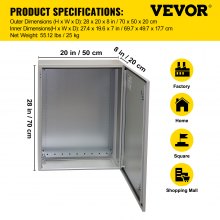 VEVOR Electrical Enclosure, 28"x 20"x 8", UL Certified NEMA 4 Outdoor Enclosure, IP65 Waterproof & Dustproof Cold-Rolled Carbon Steel Hinged Junction Box for Outdoor Indoor Use, with Rain H