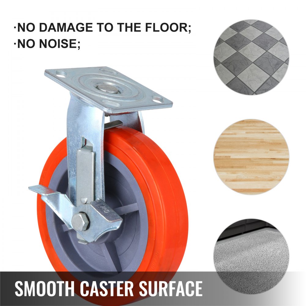 4 Pack 200mm Swivel Casters Polyurethane Wheel Scaffold w/Brake Castor Trolley