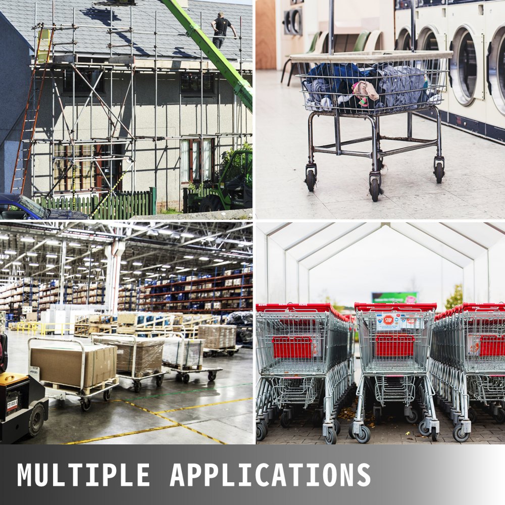 VEVOR scaffolding wheels in use at construction site, laundry cart, warehouse, and shopping carts.