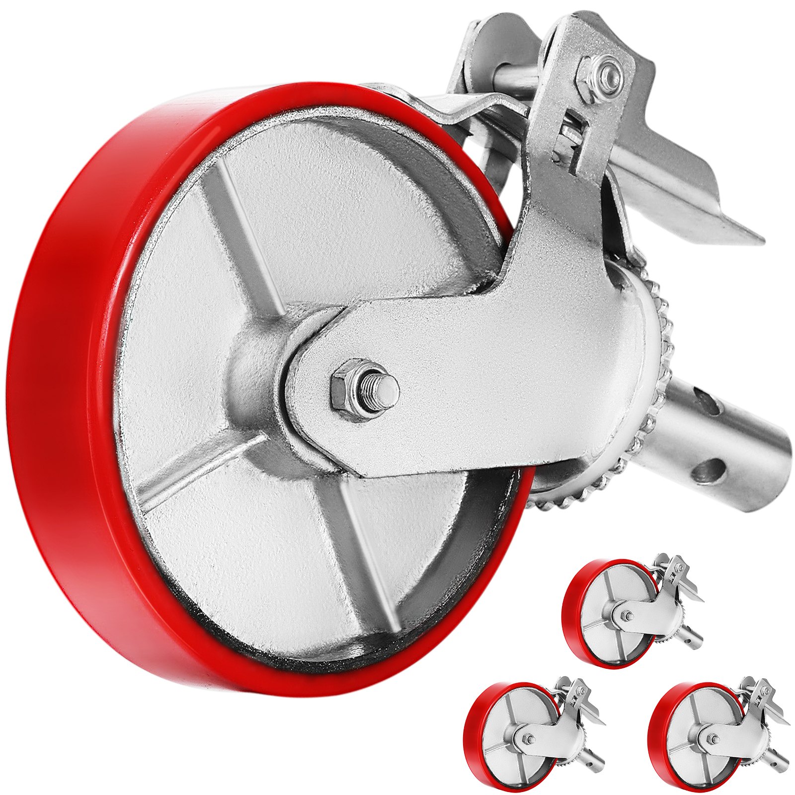 red rubber VEVOR scaffolding wheels with silver frames and bolt details. four wheels displayed.