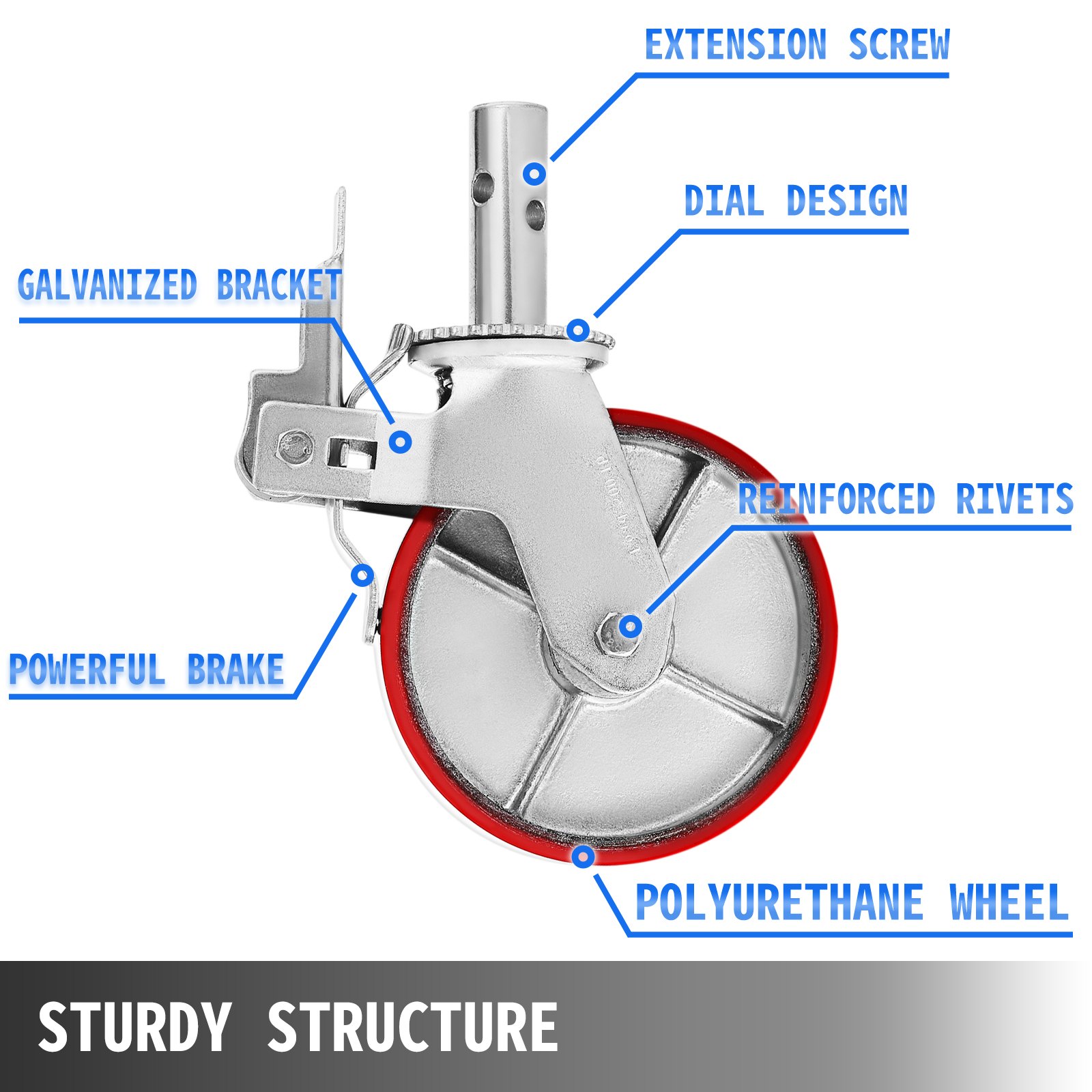 VEVOR scaffolding wheels with galvanized bracket, reinforced rivets, polyurethane wheel