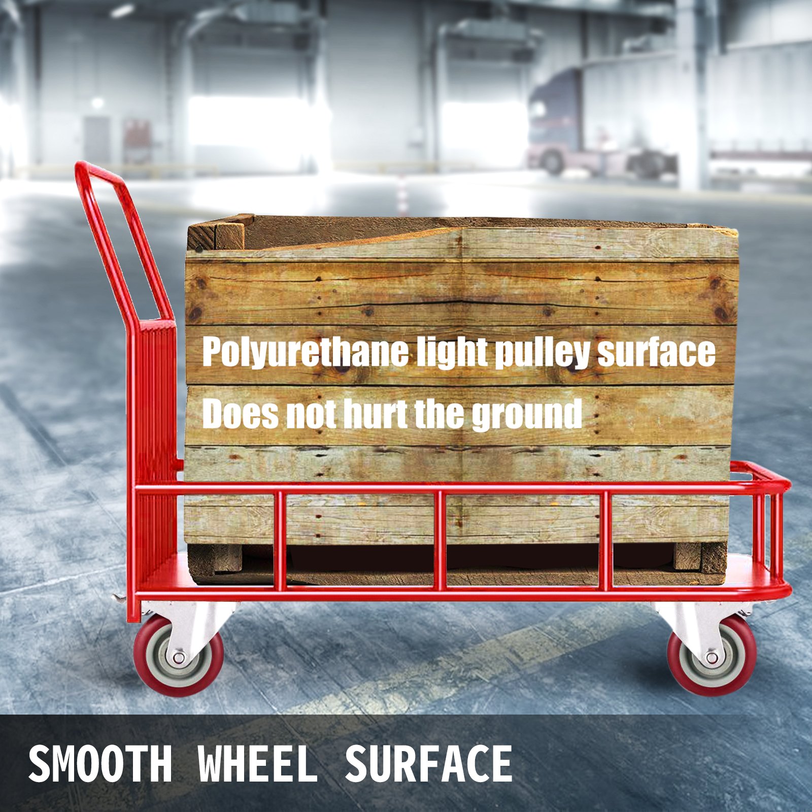 warehouse cart with polyurethane light pulley, VEVOR scaffolding wheels on smooth surface.