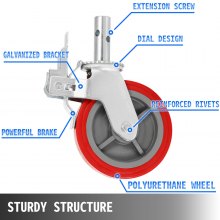 VEVOR Scaffolding Wheels Set of 4, 8" - Scaffolding Casters Heavy Duty, 3200 Lbs Per Set - Locking Stem Casters with Brake, Red Polyurethane - Replacement for Scaffold, Shelves, Workbench