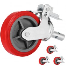 VEVOR Scaffolding Wheels Set of 4, 8" - Scaffolding Casters Heavy Duty, 3200 Lbs Per Set - Locking Stem Casters with Brake, Red Polyurethane - Replacement for Scaffold, Shelves, Workbench