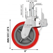 VEVOR Scaffolding Wheels Set of 4, 8" - Scaffolding Casters Heavy Duty, 3200 Lbs Per Set - Locking Stem Casters with Brake, Red Polyurethane - Replacement for Scaffold, Shelves, Workbench