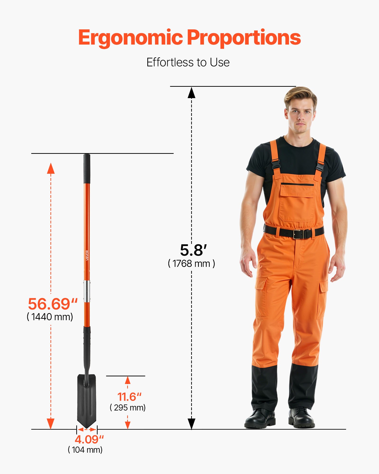 VEVOR Trench Shovel, 10.4 cm Blade Heavy-Duty Trenching Shovel, Narrow Spade Trench Digger with Fiberglass Handle and Non-Slip Grip, for Gardening, Digging Holes, Trenching, and Planting, 142.5 cm