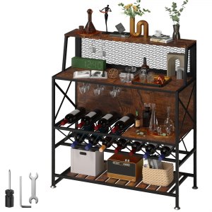 Wine Rack Home Bar Table, Industrial Liquor Storage Cabinets with Glass Holder, Bakers Rack Freestanding with Large Capacity for Home Kitchen...