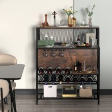 VEVOR Wine Rack Home Bar Table, Industrial Liquor Storage Cabinets with Glass Holder, Bakers Rack Freestanding with Large Capacity for Home Kitchen Dining Room, Hold 12 Bottles of Wine (Rustic Brown)