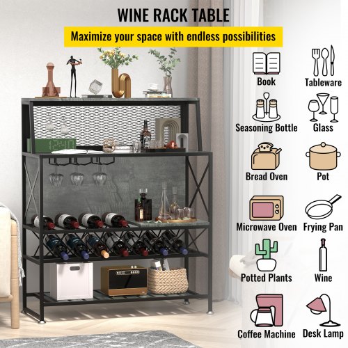 VEVOR Wine Rack Home Bar Table, Industrial Liquor Storage Cabinets with Glass Holder, Bakers Rack Freestanding with Large Capacity for Home Kitchen Dining Room, Hold 12 Bottles of Wine (Gray)