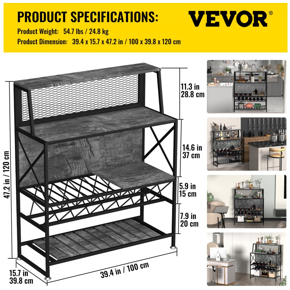 VEVOR Wine Rack Home Bar Table, Industrial Liquor Storage Cabinets with Glass Holder, Bakers Rack Freestanding with Large Capacity for Home Kitchen Dining Room, Hold 12 Bottles of Wine (Gray)