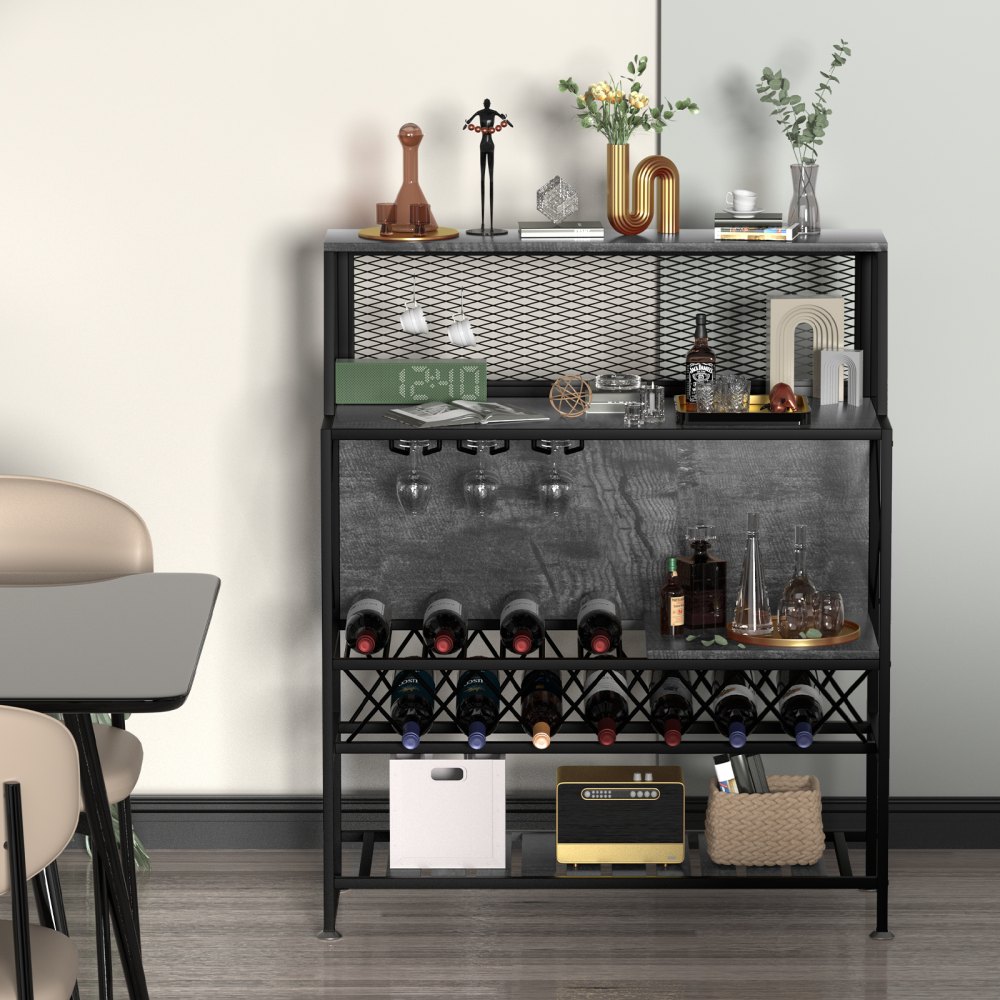 VEVOR Wine Rack Home Bar Table, Industrial Liquor Storage Cabinets with Glass Holder, Bakers Rack Freestanding with Large Capacity for Home Kitchen Dining Room, Hold 12 Bottles of Wine (Gray)