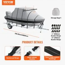 VEVOR T Top Boat Cover, 20'-22' Waterproof Trailerable T-Top Boat Cover, 600D Marine Grade PU Oxford, with Windproof Buckle Straps, for Center Console Boat with T Top Roof, Fits 20'-22'L x 106"W, Grey