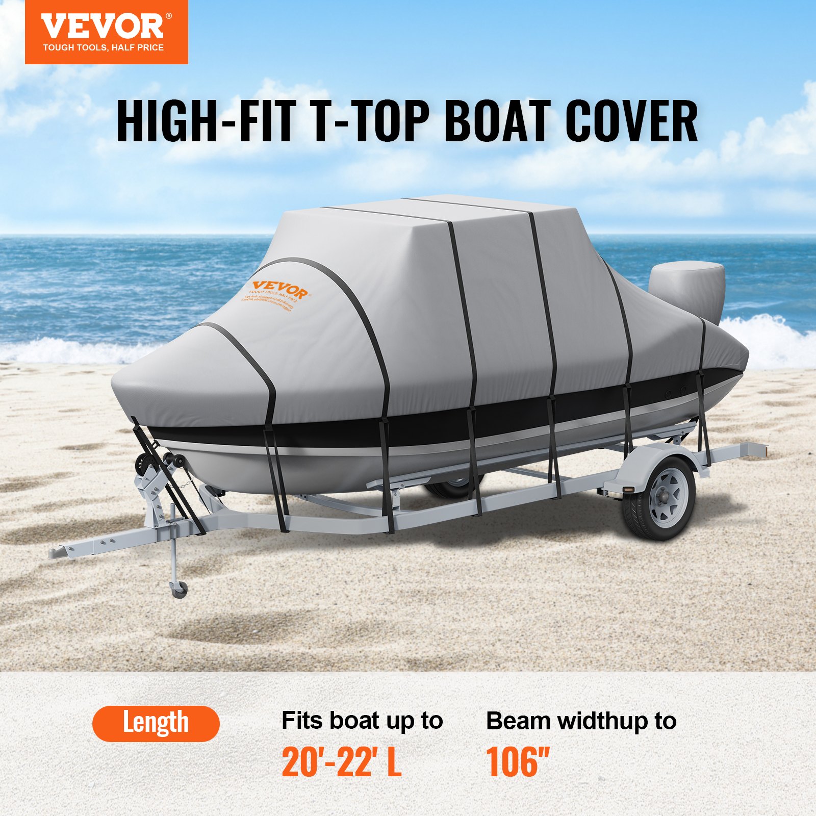 VEVOR T Top Boat Cover, 6.09m-6.7m Waterproof Trailerable T-Top Boat Cover, 600D Marine Grade PU Oxford, with Windproof Buckle Straps, for Center Console Boat with T Top Roof, Fits 20'-22'L x 106"W, Grey