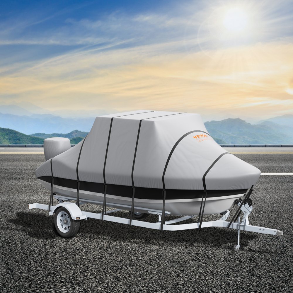 VEVOR T Top Boat Cover, 24'-26' Waterproof Trailerable T-Top Boat Cover, 600D Marine Grade PU Oxford, with Windproof Buckle Straps, for Center Console Boat with T Top Roof, Fits 24'-26'L x 106"W, Grey