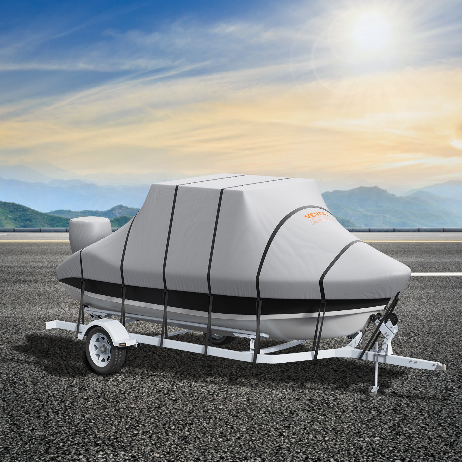 VEVOR T Top Boat Cover, 24'-26' Waterproof Trailerable T-Top Boat Cover, 600D Marine Grade PU Oxford, with Windproof Buckle Straps, for Center Console Boat with T Top Roof, Fits 24'-26'L x 106"W, Grey