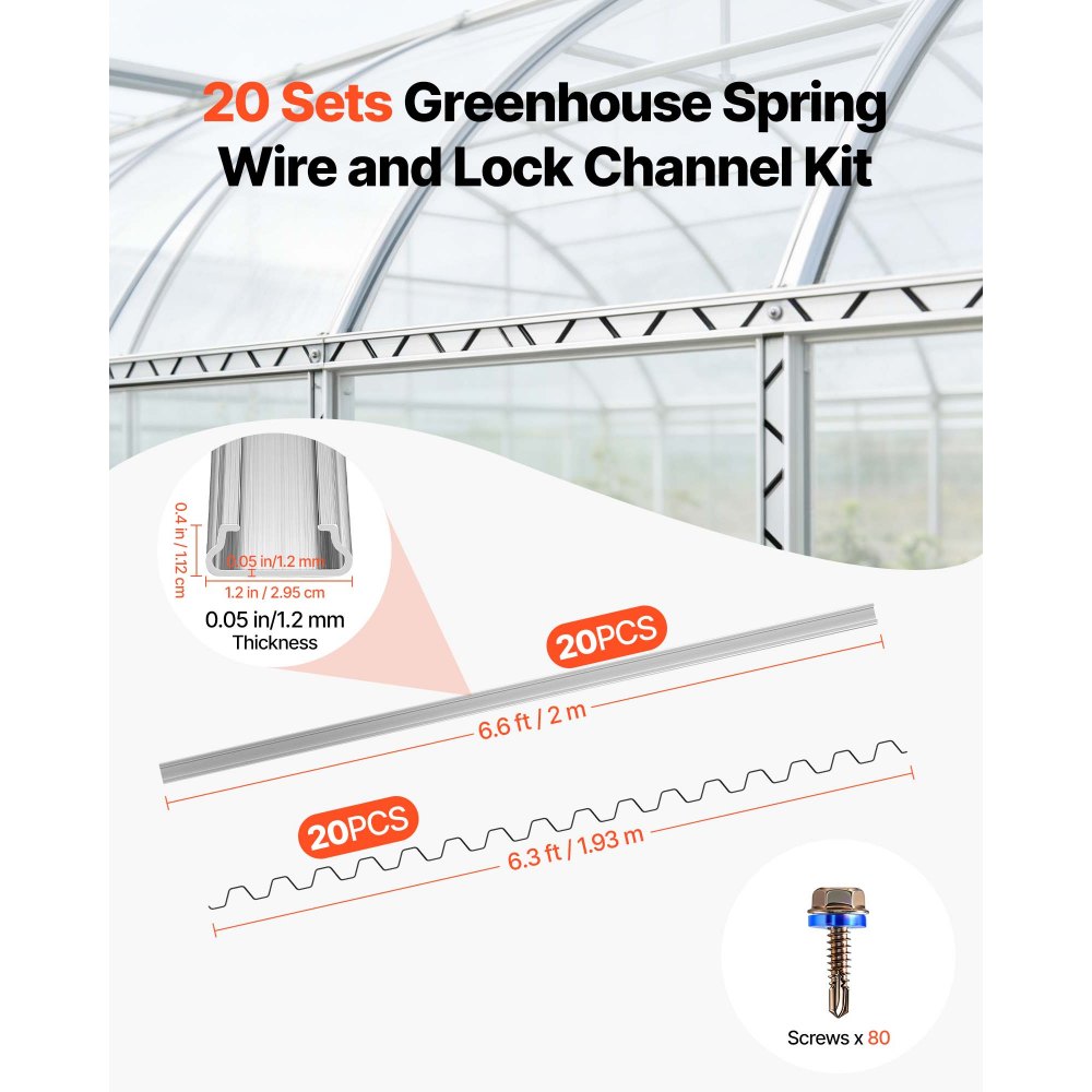 VEVOR Greenhouse Spring Wire and Lock Channel, 20 Packs 2m PVC-Coated Wiggle Wire & Aluminum Alloy Channel Bundle Kit with Included Screws, 1.2mm Thickened, Poly Film & Shade Cloth Attachments