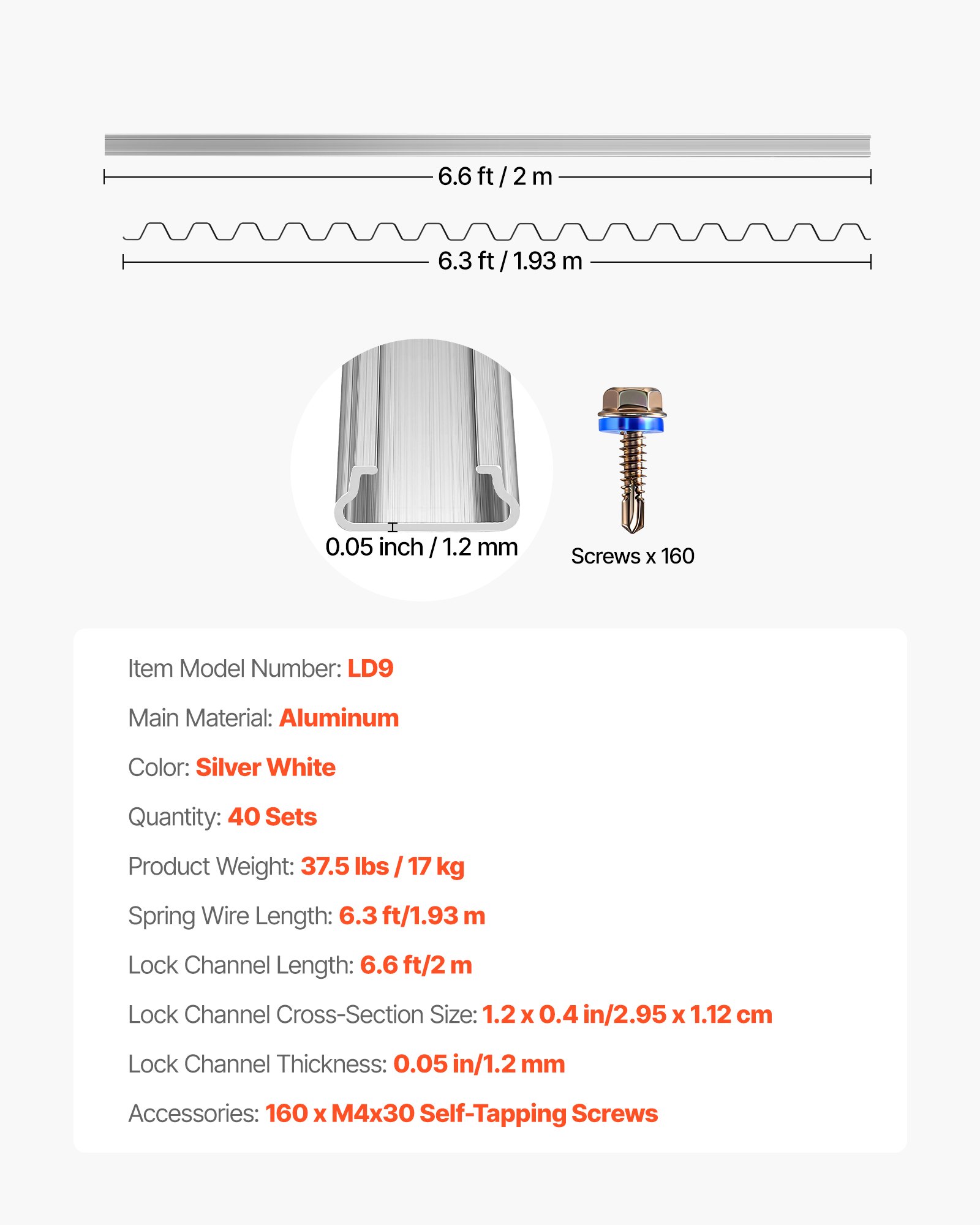 VEVOR Greenhouse Spring Wire and Lock Channel, 40 Packs 2m PVC-Coated Wiggle Wire & Aluminum Alloy Channel Bundle Kit with Included Screws, 1.2mm Thickened, Poly Film & Shade Cloth Attachments