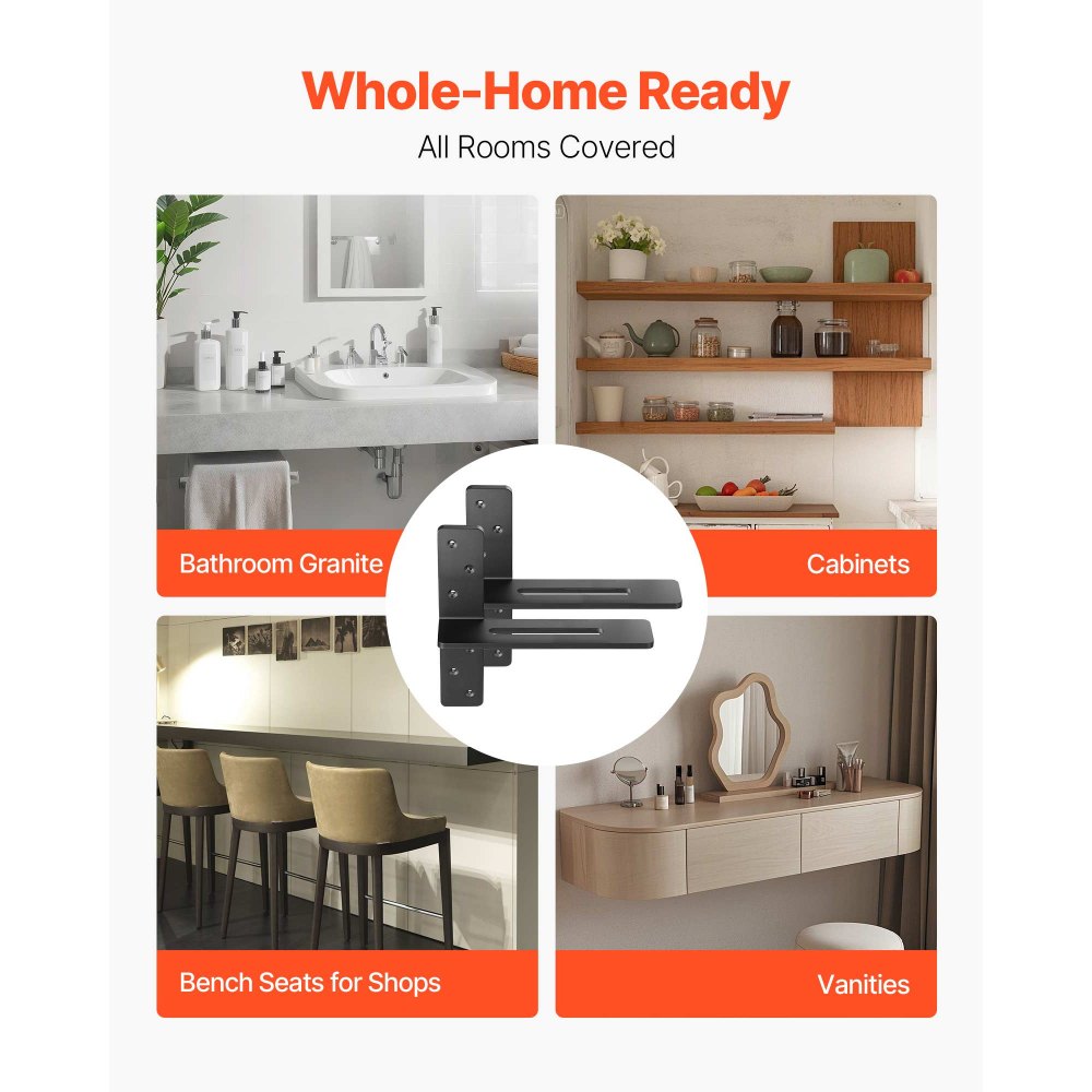 VEVOR T Shelf Brackets 2 Pcs, 200 lbs/90 kg Weight Capacity, 12x2.89x12 in / 304.8x73.5x304.8 mm, Solid Steel Heavy Duty Brackets for Shelves, Countertop Support Floating Bracket Hardware with Screws