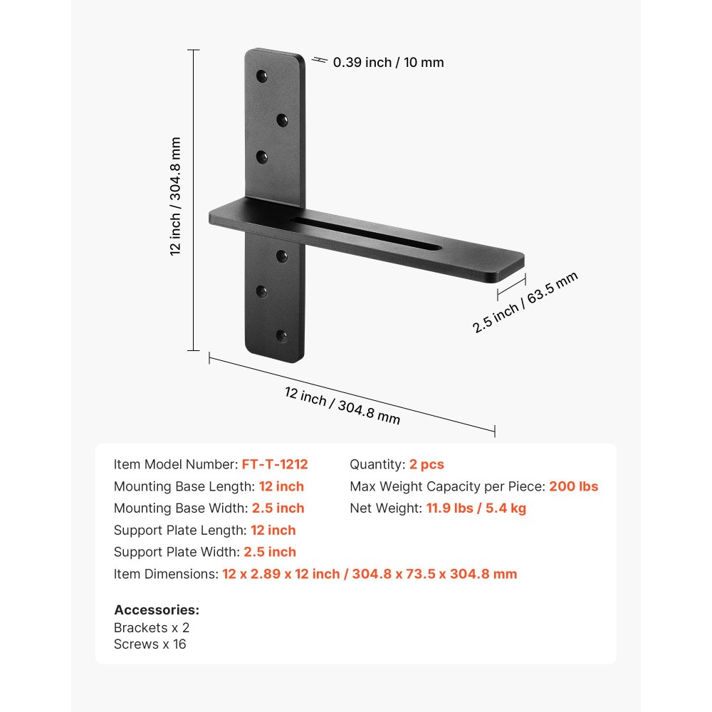 VEVOR T Shelf Brackets 2 Pcs, 200 lbs/90 kg Weight Capacity, 12x2.89x12 in / 304.8x73.5x304.8 mm, Solid Steel Heavy Duty Brackets for Shelves, Countertop Support Floating Bracket Hardware with Screws