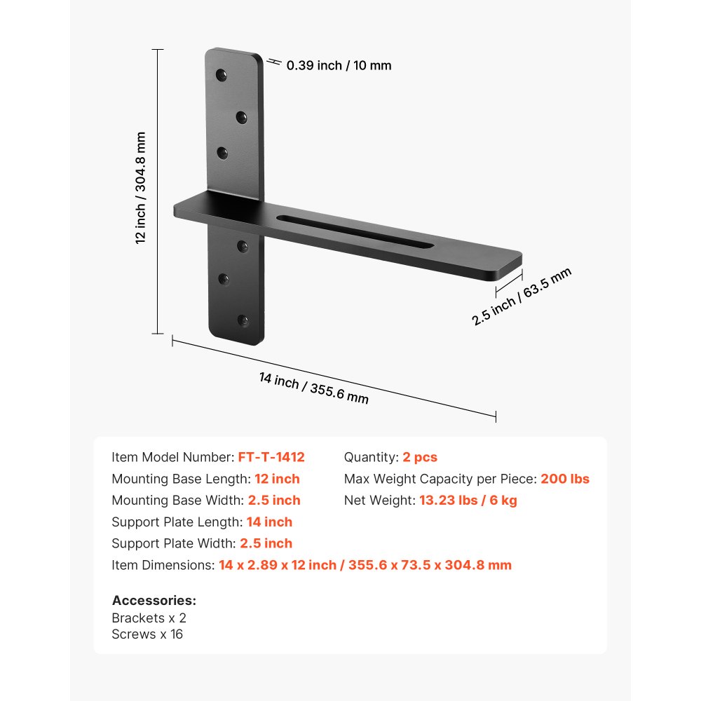 VEVOR T Shelf Brackets 2 Pcs, 200 lbs/90 kg Weight Capacity, 14x2.89x12 in / 355.6x73.5x304.8 mm, Solid Steel Heavy Duty Brackets for Shelves, Countertop Support Floating Bracket Hardware with Screws