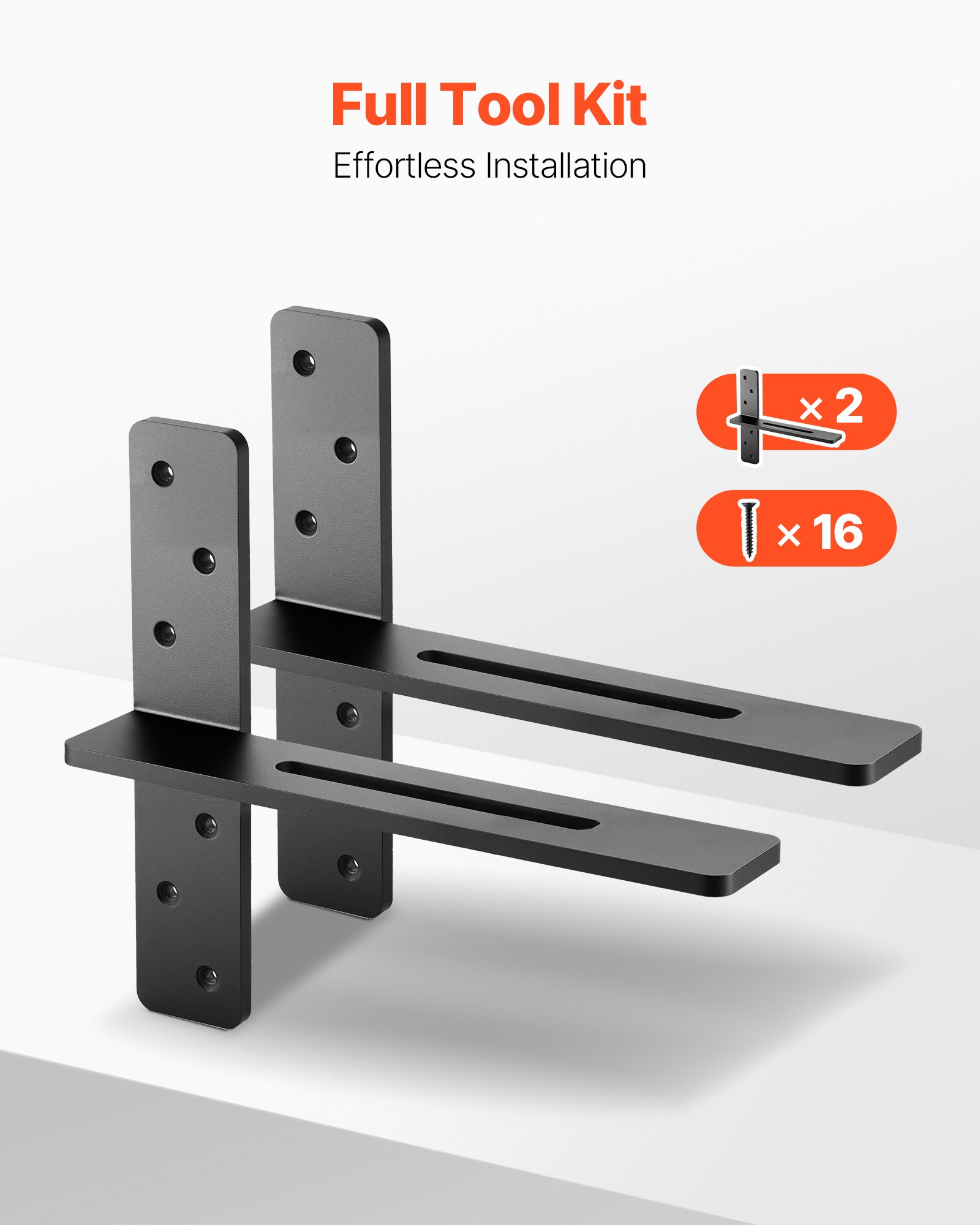 VEVOR T Shelf Brackets 2 Pcs, 200 lbs/90 kg Weight Capacity, 14x2.89x12 in / 355.6x73.5x304.8 mm, Solid Steel Heavy Duty Brackets for Shelves, Countertop Support Floating Bracket Hardware with Screws