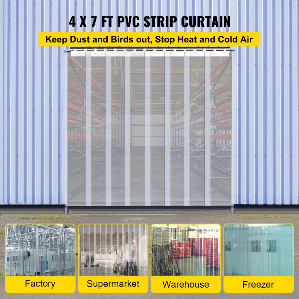VEVOR Plastic Curtain, 4ft Width x 7ft Height Plastic Strip Curtain, Clear PVC Freezer Curtain, 0.08in Thickness Plastic Door Strip w/Over 50% Overlap for Walk-in Freezers, Warehouse and Clean Rooms