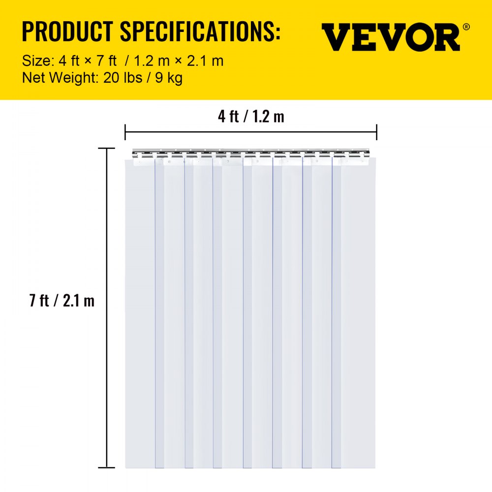 VEVOR Plastic Curtain, 4ft Width x 7ft Height Plastic Strip Curtain, Clear PVC Freezer Curtain, 0.08in Thickness Plastic Door Strip w/Over 50% Overlap for Walk-in Freezers, Warehouse and Clean Rooms