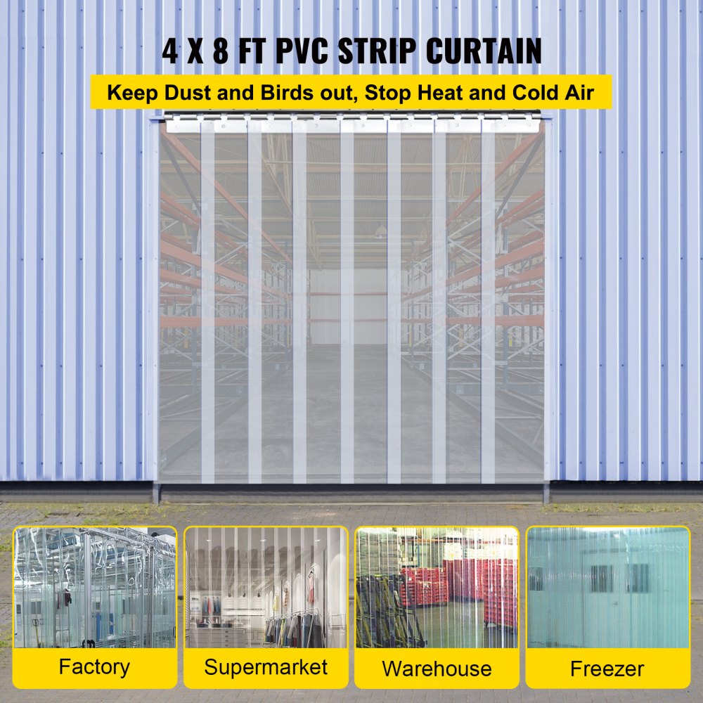 VEVOR Plastic Curtain, 4ft Width x 8ft Height Plastic Strip Curtain, Clear PVC Freezer Curtain, 0.08in Thickness Plastic Door Strip w/Over 50% Overlap for Walk-in Freezers, Warehouse and Clean Rooms