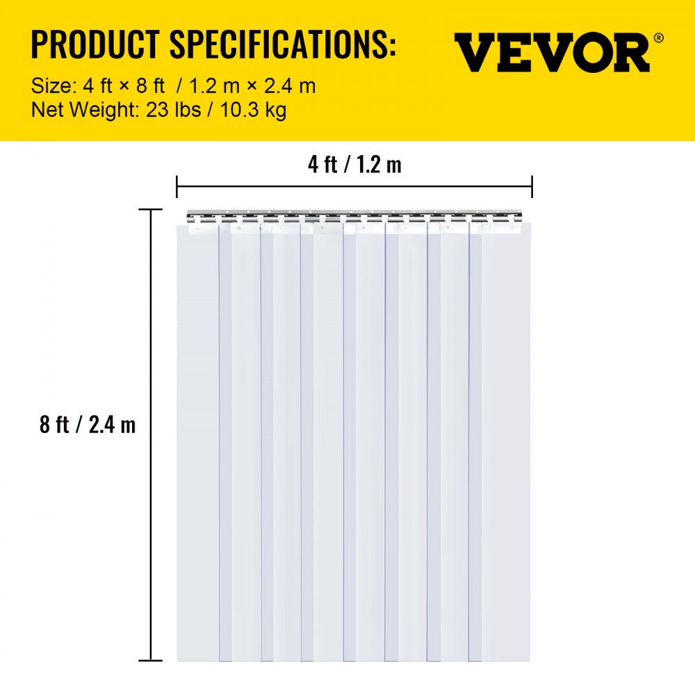 VEVOR Plastic Curtain, 4ft Width x 8ft Height Plastic Strip Curtain, Clear PVC Freezer Curtain, 0.08in Thickness Plastic Door Strip w/Over 50% Overlap for Walk-in Freezers, Warehouse and Clean Rooms