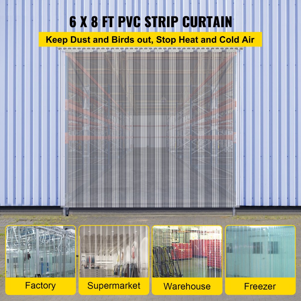 VEVOR Plastic Curtain, 6ft Width x 8ft Height Plastic Strip Curtain, Clear PVC Freezer Curtain, 0.08in Thickness Plastic Door Strip w/Over 50% Overlap for Walk-in Freezers, Warehouse and Clean Rooms