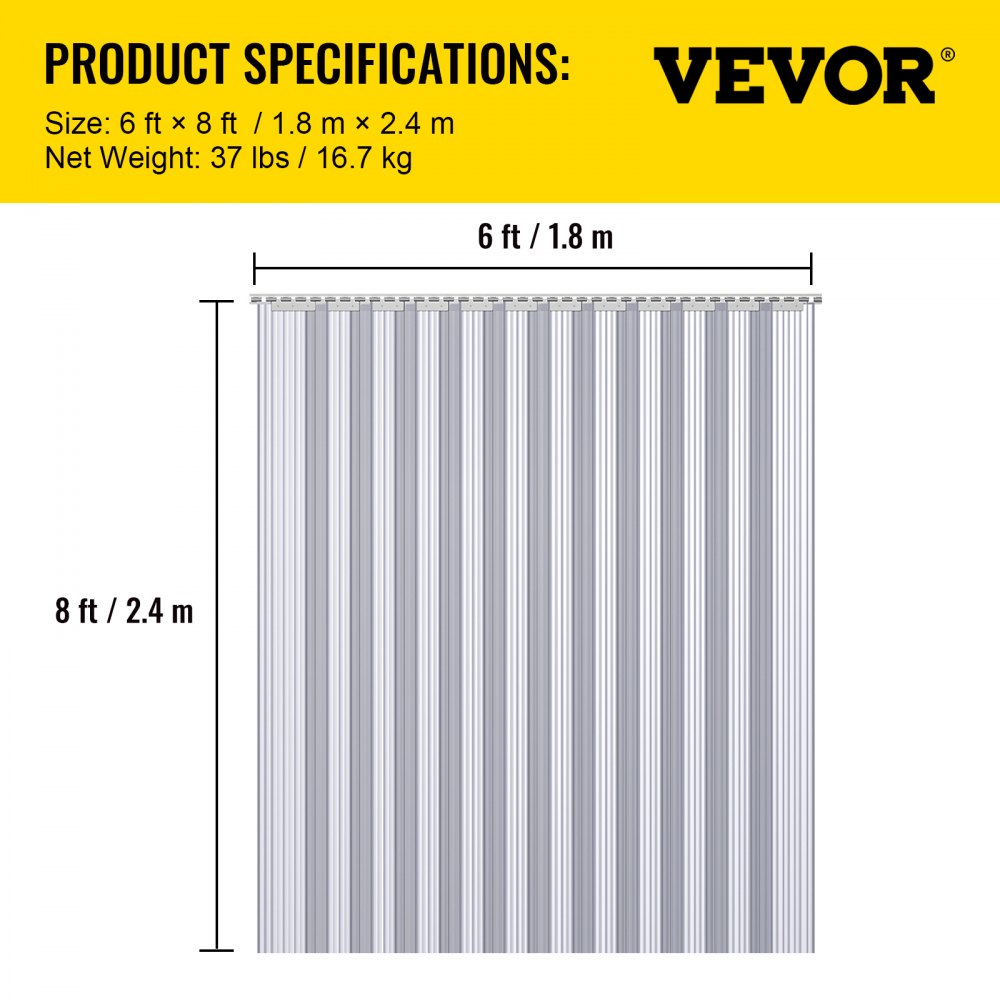 VEVOR Plastic Curtain, 6ft Width x 8ft Height Plastic Strip Curtain, Clear PVC Freezer Curtain, 0.08in Thickness Plastic Door Strip w/Over 50% Overlap for Walk-in Freezers, Warehouse and Clean Rooms
