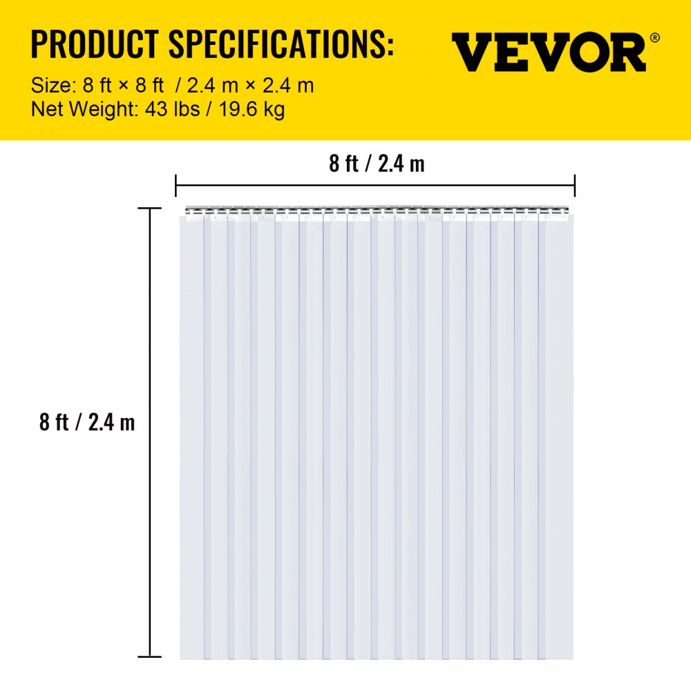 VEVOR Plastic Curtain, 8ft Width x 8ft Height Plastic Strip Curtain, Clear PVC Freezer Curtain, 0.08in Thickness Plastic Door Strip w/Over 50% Overlap for Walk-in Freezers, Warehouse and Clean Rooms