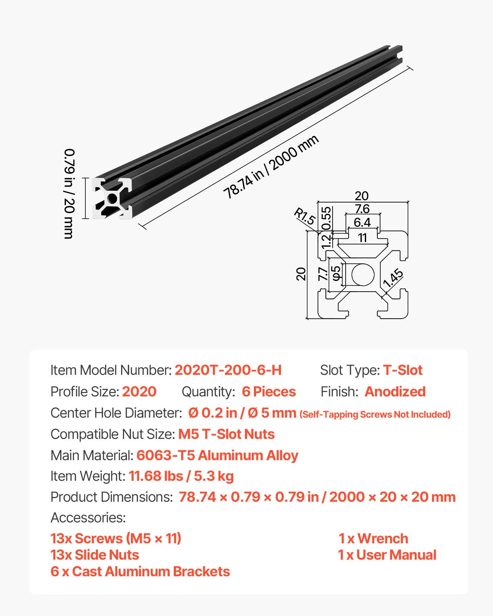 VEVOR 6PCS 2020 Aluminum Extrusion Profile, 78.74 Inch 2000 mm, T Slot European Standard Anodized Linear Rail, High-Strength Extruded Aluminum Rail, for 3D Printer Parts and CNC DIY Workbench, Black