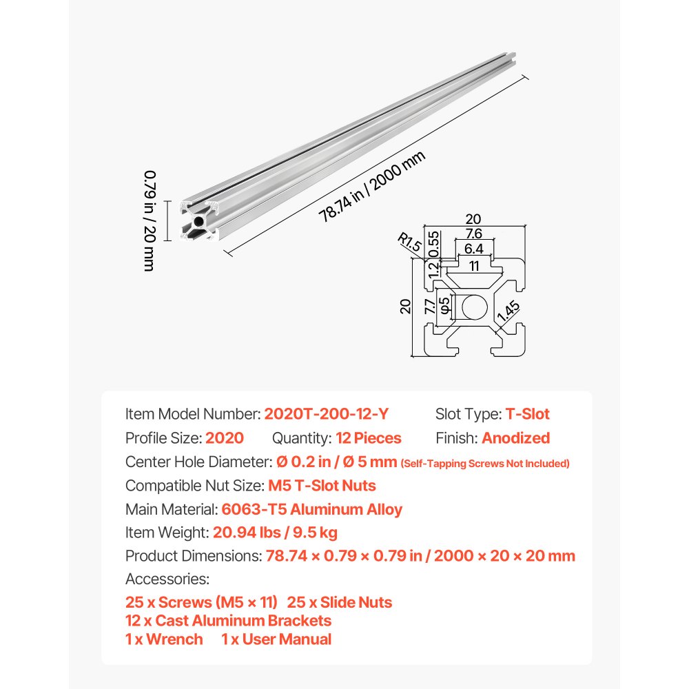 VEVOR 12PCS 2020 Aluminum Extrusion Profile, 78.74 Inch 2000 mm, T Slot European Standard Anodized Linear Rail, High-Strength Extruded Aluminum Rail, for 3D Printer Parts and CNC DIY Workbench, Silver